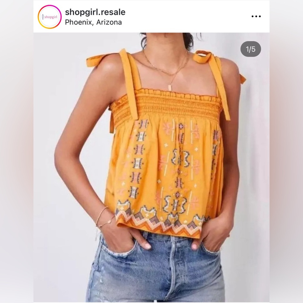 ANTHROPOLOGIE Blouse Embroidered Gold Swing Tie‎ Tank Top Size Large Cotton. XL